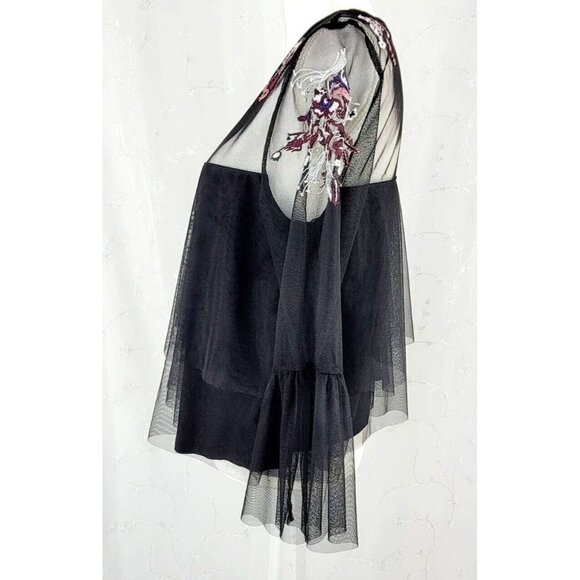 Willow & Clay Mesh Floral Embroidered Yoke Blouse Top Black Size Small - Picture 6 of 14